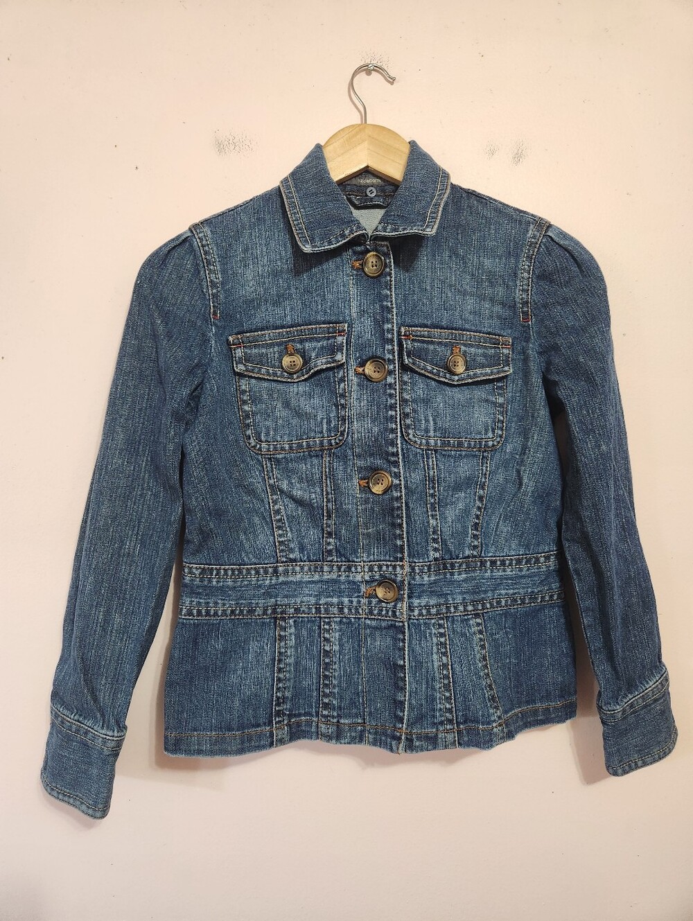 Liz Claiborne Vintage Y2K Peplum Puff Sleeve Denim Jacket Blue Wash Petite S